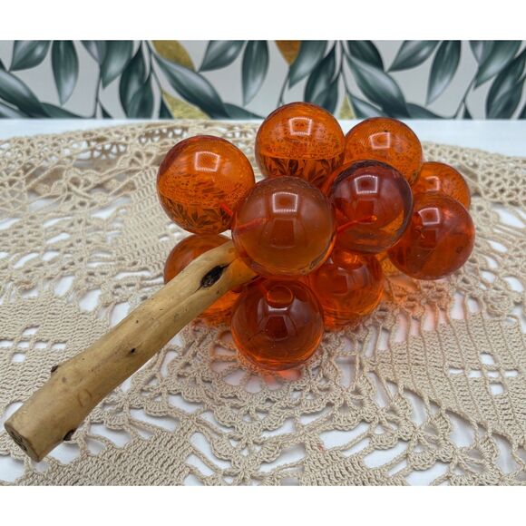 Vintage MCM Amber Orange Lucite Grape Cluster Large Bamboo Stem - Picture 2 of 9